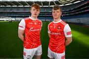 4 March 2024; Darragh Beirne and Rio Mortimer, right, of St Colman's College Claremorris, Mayo, ahead of their side's Masita All-Ireland Post Primary Schools A Football Final against St Patrick's Maghera, Derry, during the Masita All-Ireland Post Primary Schools Finals Captains Call at Croke Park in Dublin. Photo by Stephen McCarthy/Sportsfile