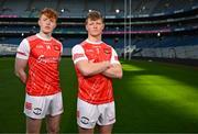 4 March 2024; Darragh Beirne and Rio Mortimer, right, of St Colman's College Claremorris, Mayo, ahead of their side's Masita All-Ireland Post Primary Schools A Football Final against St Patrick's Maghera, Derry, during the Masita All-Ireland Post Primary Schools Finals Captains Call at Croke Park in Dublin. Photo by Stephen McCarthy/Sportsfile