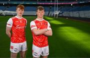 4 March 2024; Darragh Beirne and Rio Mortimer, right, of St Colman's College Claremorris, Mayo, ahead of their side's Masita All-Ireland Post Primary Schools A Football Final against St Patrick's Maghera, Derry, during the Masita All-Ireland Post Primary Schools Finals Captains Call at Croke Park in Dublin. Photo by Stephen McCarthy/Sportsfile