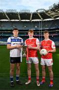 4 March 2024; Cathal McKaigue of St Patrick's Maghera, Derry, left, with Darragh Beirne and Rio Mortimer, right, of St Colman's College Claremorris, Mayo, ahead of their Masita All-Ireland Post Primary Schools A Football Final during the Masita All-Ireland Post Primary Schools Finals Captains Call at Croke Park in Dublin. Photo by Stephen McCarthy/Sportsfile