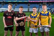 4 March 2024; Gearoid Maher, left, and Sam Dooley of Coláiste Phobal Ros Cré, Tipperary, with Alex Begley and Conor Kelly, right, of Grennan College Thomastown, Kilkenny, ahead of their Masita All-Ireland Post Primary Schools D Hurling Final during the Masita All-Ireland Post Primary Schools Finals Captains Call at Croke Park in Dublin. Photo by Stephen McCarthy/Sportsfile