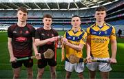 4 March 2024; Gearoid Maher, left, and Sam Dooley of Coláiste Phobal Ros Cré, Tipperary, with Alex Begley and Conor Kelly, right, of Grennan College Thomastown, Kilkenny, ahead of their Masita All-Ireland Post Primary Schools D Hurling Final during the Masita All-Ireland Post Primary Schools Finals Captains Call at Croke Park in Dublin. Photo by Stephen McCarthy/Sportsfile