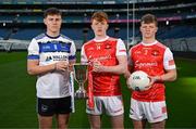 4 March 2024; Cathal McKaigue of St Patrick's Maghera, Derry, left, with Darragh Beirne and Rio Mortimer, right, of St Colman's College Claremorris, Mayo, ahead of their Masita All-Ireland Post Primary Schools A Football Final during the Masita All-Ireland Post Primary Schools Finals Captains Call at Croke Park in Dublin. Photo by Stephen McCarthy/Sportsfile
