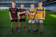 4 March 2024; Gearoid Maher, left, and Sam Dooley of Coláiste Phobal Ros Cré, Tipperary, with Alex Begley and Conor Kelly, right, of Grennan College Thomastown, Kilkenny, ahead of their Masita All-Ireland Post Primary Schools D Hurling Final during the Masita All-Ireland Post Primary Schools Finals Captains Call at Croke Park in Dublin. Photo by Stephen McCarthy/Sportsfile