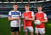 4 March 2024; Cathal McKaigue of St Patrick's Maghera, Derry, left, with Darragh Beirne and Rio Mortimer, right, of St Colman's College Claremorris, Mayo, ahead of their Masita All-Ireland Post Primary Schools A Football Final during the Masita All-Ireland Post Primary Schools Finals Captains Call at Croke Park in Dublin. Photo by Stephen McCarthy/Sportsfile
