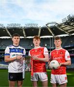 4 March 2024; Cathal McKaigue of St Patrick's Maghera, Derry, left, with Darragh Beirne and Rio Mortimer, right, of St Colman's College Claremorris, Mayo, ahead of their Masita All-Ireland Post Primary Schools A Football Final during the Masita All-Ireland Post Primary Schools Finals Captains Call at Croke Park in Dublin. Photo by Stephen McCarthy/Sportsfile