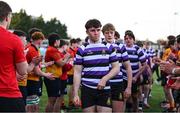 4 March 2025; Terenure College players, including Niall Fallon, centre, leave the pitch after their side's victory in the Bank of Ireland Leinster Schools Senior Cup semi-final match between St Fintan's High School and Terenure College at Energia Park in Dublin. Photo by Shauna Clinton/Sportsfile