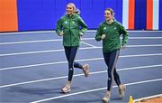 5 March 2025; Sharlene Mawdsley of Ireland, left, and teammate Rachel McCann during a training session at the Omnisport Apeldoorn in Apeldoorn, Netherlands, ahead of the European Athletics Indoor Championships 2025. Photo by Sam Barnes/Sportsfile