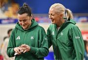 5 March 2025; Sarah Lavin of Ireland, right, and teammate Phil Healy share joke during a training session at the Omnisport Apeldoorn in Apeldoorn, Netherlands, ahead of the European Athletics Indoor Championships 2025. Photo by Sam Barnes/Sportsfile