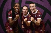 5 March 2025; Players, from left, Eve Dossen, Heather Loomes and Niamh Farrelly during a Galway United squad portraits session at Diligent in Galway. Photo by Ben McShane/Sportsfile