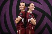 5 March 2025; Jodie Griffin, right, and Niamh Farrelly during a Galway United squad portraits session at Diligent in Galway. Photo by Ben McShane/Sportsfile