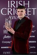 6 March 2025; Scott MacBeth with the men's Fáilte Solar Emerging Talent award during the Business Plus Irish Cricket Awards at The College Green Hotel in Dublin. Photo by Seb Daly/Sportsfile
