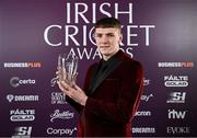 6 March 2025; Scott MacBeth with the men's Fáilte Solar Emerging Talent award during the Business Plus Irish Cricket Awards at The College Green Hotel in Dublin. Photo by Seb Daly/Sportsfile