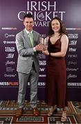 6 March 2025; Christina Coulter Reilly is presented with the women's Macron Emerging Talent award by Ireland performance and pathway coach Glenn Querl during the Business Plus Irish Cricket Awards at The College Green Hotel in Dublin. Photo by Seb Daly/Sportsfile