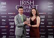 6 March 2025; Christina Coulter Reilly is presented with the women's Macron Emerging Talent award by Ireland performance and pathway coach Glenn Querl during the Business Plus Irish Cricket Awards at The College Green Hotel in Dublin. Photo by Seb Daly/Sportsfile