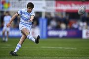 6 March 2025; Paddy Clancy of Blackrock College kicks a conversion during the Bank of Ireland Leinster Rugby Boys Schools Senior Cup semi-final match between Blackrock College and Cistercian College Roscrea at Energia Park in Dublin. Photo by Tyler Miller/Sportsfile