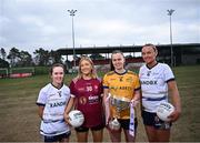 6 March 2025; In attendance at the Ladies HEC Championships Captains Day at Queens University Belfast are, from left, Amy Garland of UU Belfast, Joanne Reilly of UG, Emma Duggan of DCU and Ciara Brown of UU Belfast. Photo by David Fitzgerald/Sportsfile