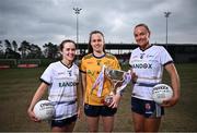 6 March 2025; In attendance at the Ladies HEC Championships Captains Day at Queens University Belfast are Amy Garland of UU Belfast, left, Emma Duggan of DCU and Ciara Brown of UU Belfast. Photo by David Fitzgerald/Sportsfile