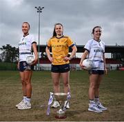 6 March 2025; In attendance at the Ladies HEC Championships Captains Day at Queens University Belfast are Ciara Brown of UU Belfast, left, Emma Duggan of DCU and Amy Garland of UU Belfast. Photo by David Fitzgerald/Sportsfile