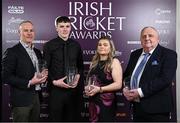 6 March 2025; Award recipients, from left, KB Sports Hub Coach of the Year Mark Olphert, Butlers Club Player of the Year and Fáilte Solar Emerging Talent award winner Scott MacBeth, President's Spotlight award winner Abi Pollock, and Outstanding Contribution and Service to Irish Cricket award winner Lawrence Moore during the Business Plus Irish Cricket Awards at The College Green Hotel in Dublin. Photo by Seb Daly/Sportsfile