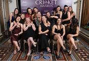 6 March 2025; Ireland women's international players, back row from left, Arlene Kelly, Georgina Dempsey, Gaby Lewis, Sophie McMahon, Laura Delany, Cara Murray, Alice Tector, Jane Maguire, and Sarah Forbes, front row from left, Christina Coulter Reilly, Freya Sargent, Orla Prendergast, Amy Hunter and Aimee Maguire, during the Business Plus Irish Cricket Awards at The College Green Hotel in Dublin. Photo by Seb Daly/Sportsfile