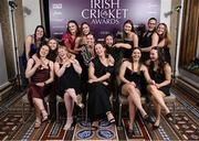 6 March 2025; Ireland women's international players, back row from left, Arlene Kelly, Georgina Dempsey, Gaby Lewis, Sophie McMahon, Laura Delany, Cara Murray, Alice Tector, Jane Maguire, and Sarah Forbes, front row from left, Christina Coulter Reilly, Freya Sargent, Orla Prendergast, Amy Hunter and Aimee Maguire, during the Business Plus Irish Cricket Awards at The College Green Hotel in Dublin. Photo by Seb Daly/Sportsfile