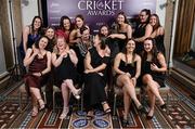6 March 2025; Ireland women's international players, back row from left, Arlene Kelly, Georgina Dempsey, Gaby Lewis, Sophie McMahon, Laura Delany, Cara Murray, Alice Tector, Jane Maguire, and Sarah Forbes, front row from left, Christina Coulter Reilly, Freya Sargent, Orla Prendergast, Amy Hunter and Aimee Maguire, during the Business Plus Irish Cricket Awards at The College Green Hotel in Dublin. Photo by Seb Daly/Sportsfile