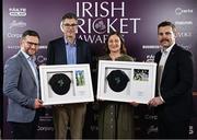 6 March 2025; Hall of Fame award recipients Albert Van Der Merwe, accepting on behalf of winner Trent Johnston, and Clare Shillington are presented with their awards by Finian Brett, left, and Darren Cave, right, of Corpay during the Business Plus Irish Cricket Awards at The College Green Hotel in Dublin. Photo by Seb Daly/Sportsfile
