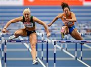 6 March 2025; Sarah Lavin of Ireland, left, competes in the women's 60m hurdles during day one of the European Athletics Indoor Championships 2025 at the Omnisport Apeldoorn in Apeldoorn, Netherlands. Photo by Sam Barnes/Sportsfile