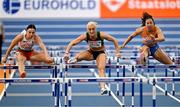 6 March 2025; Sarah Lavin of Ireland, centre, competes in the women's 60m hurdles during day one of the European Athletics Indoor Championships 2025 at the Omnisport Apeldoorn in Apeldoorn, Netherlands. Photo by Sam Barnes/Sportsfile