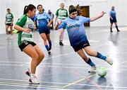 6 March 2025; Holly O'Neill of Rathangan AFC, right, in action against Katelyn Ivers McGee of Allenwood Celtic during the KDFL Women's Futsal match between Rathangan AFC and Allenwood Celtic at Ardscoil Rath Iomgháin Secondary School in Rathangan, Kildare. Photo by Piaras Ó Mídheach/Sportsfile