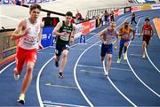 7 March 2025; Cian McPhillips of Ireland, second from left, competes in the men's 800m heats during day two of the European Athletics Indoor Championships 2025 at the Omnisport Apeldoorn in Apeldoorn, Netherlands. Photo by Sam Barnes/Sportsfile