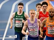 7 March 2025; Cian McPhillips of Ireland, left, competes in the men's 800m heats during day two of the European Athletics Indoor Championships 2025 at the Omnisport Apeldoorn in Apeldoorn, Netherlands. Photo by Sam Barnes/Sportsfile