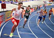 7 March 2025; Cian McPhillips of Ireland, second from left, competes in the men's 800m heats during day two of the European Athletics Indoor Championships 2025 at the Omnisport Apeldoorn in Apeldoorn, Netherlands. Photo by Sam Barnes/Sportsfile
