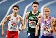 7 March 2025; Cian McPhillips of Ireland, centre, competes in the men's 800m heats during day two of the European Athletics Indoor Championships 2025 at the Omnisport Apeldoorn in Apeldoorn, Netherlands. Photo by Sam Barnes/Sportsfile