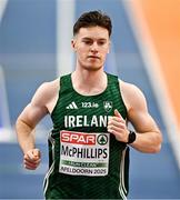 7 March 2025; Cian McPhillips of Ireland before competing in the men's 800m heats during day two of the European Athletics Indoor Championships 2025 at the Omnisport Apeldoorn in Apeldoorn, Netherlands. Photo by Sam Barnes/Sportsfile