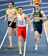 7 March 2025; Mark English of Ireland, right, on his way to finishing second in the men's 800m heats during day two of the European Athletics Indoor Championships 2025 at the Omnisport Apeldoorn in Apeldoorn, Netherlands. Photo by Sam Barnes/Sportsfile