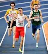 7 March 2025; Mark English of Ireland, right, on his way to finishing second in the men's 800m heats during day two of the European Athletics Indoor Championships 2025 at the Omnisport Apeldoorn in Apeldoorn, Netherlands. Photo by Sam Barnes/Sportsfile