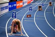 7 March 2025; The empty lane of Sharlene Mawdsley of Ireland after not starting in the women's 400m during day two of the European Athletics Indoor Championships 2025 at the Omnisport Apeldoorn in Apeldoorn, Netherlands. Photo by Sam Barnes/Sportsfile