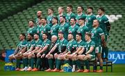 7 March 2025; Ireland players, back row, from left, Jamison Gibson-Park, Jack Crowley, Jamie Osborne, Sam Prendergast, James Lowe, Hugo Keenan and Thomas Clarkson, middle row, from left, Rob Herring, Ryan Baird, Tadhg Beirne, Joe McCarthy, James Ryan, Jack Conan, Dan Sheehan and Finlay Bealham, front row, from left, Andrew Porter, Bundee Aki, Rónan Kelleher, Caelan Doris, IRFU president Declan Madden, Peter O’Mahony, Cian Healy, Conor Murray and Josh van der Flier during a team photograph before an Ireland Rugby captain's run at the Aviva Stadium in Dublin. Photo by Seb Daly/Sportsfile