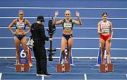 7 March 2025; Sarah Lavin of Ireland, centre, is introduced before competing in the women's 60m hurdles semi-final during day two of the European Athletics Indoor Championships 2025 at the Omnisport Apeldoorn in Apeldoorn, Netherlands. Photo by Sam Barnes/Sportsfile