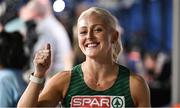 7 March 2025; Sarah Lavin of Ireland after finishing second in the women's 60m hurdles semi-final during day two of the European Athletics Indoor Championships 2025 at the Omnisport Apeldoorn in Apeldoorn, Netherlands. Photo by Sam Barnes/Sportsfile