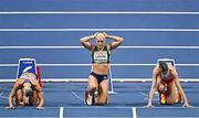 7 March 2025; Sarah Lavin of Ireland, centre, before competing in the women's 60m hurdles semi-final during day two of the European Athletics Indoor Championships 2025 at the Omnisport Apeldoorn in Apeldoorn, Netherlands. Photo by Sam Barnes/Sportsfile