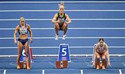 7 March 2025; Sarah Lavin of Ireland, centre, before competing in the women's 60m hurdles semi-final during day two of the European Athletics Indoor Championships 2025 at the Omnisport Apeldoorn in Apeldoorn, Netherlands. Photo by Sam Barnes/Sportsfile