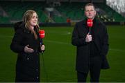 7 March 2025; Virgin Media Sport's Ann-Marie Keegan and Vinny Perth before the SSE Airtricity Men's Premier Division match between Shamrock Rovers and St Patrick's Athletic at Tallaght Stadium in Dublin. Photo by Stephen McCarthy/Sportsfile