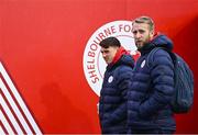 7 March 2025; Shelbourne goalkeepers Conor Kearns, right, and Lorcan Healy arrive ahead of the SSE Airtricity Men's Premier Division match between Shelbourne and Drogheda United at Tolka Park in Dublin. Photo by Seb Daly/Sportsfile