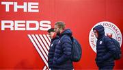 7 March 2025; Shelbourne goalkeepers Conor Kearns, centre, and Lorcan Healy, left, and teammates Evan Caffrey arrive ahead of the SSE Airtricity Men's Premier Division match between Shelbourne and Drogheda United at Tolka Park in Dublin. Photo by Seb Daly/Sportsfile