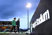 7 March 2025; Victor Ozhianvuna, left, and Michael Noonan of Shamrock Rovers before the SSE Airtricity Men's Premier Division match between Shamrock Rovers and St Patrick's Athletic at Tallaght Stadium in Dublin. Photo by Stephen McCarthy/Sportsfile