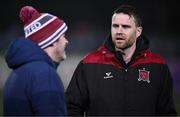 7 March 2025; Dundalk manager Ciaran Kilduff, right, in conversation with Treaty United manager Tommy Barrett before the SSE Airtricity Men's Premier Division match between Dundalk and Treaty United at Oriel Park in Dundalk, Louth. Photo by Ben McShane/Sportsfile