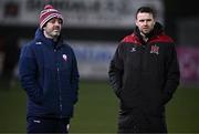 7 March 2025; Treaty United manager Tommy Barrett, left, in conversation with Dundalk manager Ciaran Kilduff before the SSE Airtricity Men's Premier Division match between Dundalk and Treaty United at Oriel Park in Dundalk, Louth. Photo by Ben McShane/Sportsfile